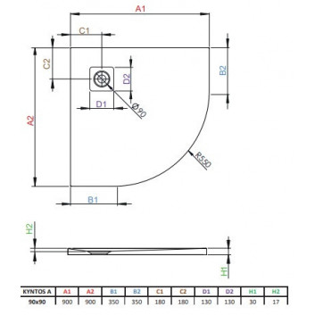 Sprchová vanička Radaway Kyntos A, štvrťkruhový, 90x90, konglomerát, biely