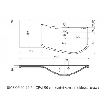 Umývadlo nábytkové Oristo Opal, ľavé, 90x45cm, z prepadom, konglomeratowa, biela
