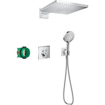 Sprchový set Hansgrohe Raindance E 300 1jet ShowerSelect Square, podomietkový, Batéria termostatická, Horná sprcha 30x30cm, sluchátko 3-funkčná, chróm