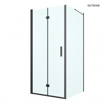 Oltens Hallan Sprchový kút 90x90 cm štvorcová čierna matnéný/sklo číre dverí s stenou