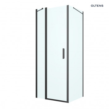 Oltens Hallan Sprchový kút 100x100 cm štvorcová čierna matnéný/sklo číre dverí s stenou