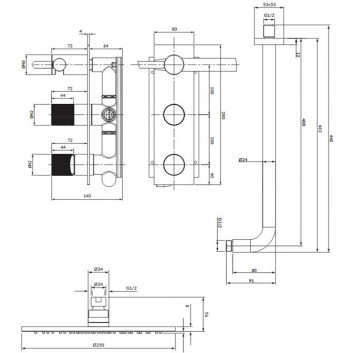 Sprchový set Omnires Contour, podomietkový, 2 wyjscia vody, Horná sprcha okrúhla 250mm, sluchátko 1-funkčná, zlatý szczotkowany