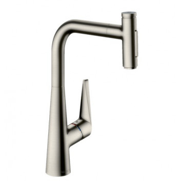 Drezová batéria Hansgrohe Metris Select M71, páková 240, výsuvná sprcha, 2jet, sBox - brúsená oceľ finish