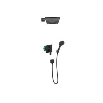 Sprchový set Hansgrohe WallStoris, na stěnu, Batéria termostatická, 1 wyjście vody, s košíkom, wieszakiem i suwakiem, čierna matnéný